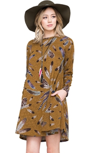 BY220210-7 Mustard Feather Graphic Pocket Tunic Dress